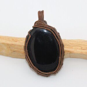 Copper Wire Wrap Black Obsidian Pendant Jewelry Handmade Necklace Christmas
